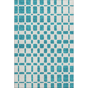 HomeRoots 5' X 8' Teal And Ivory Geometric Area Rug - Washable, UV Protected, Stylish Solution for Homes 669320