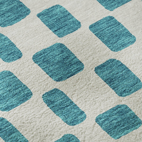 HomeRoots 5' X 8' Teal And Ivory Geometric Area Rug - Washable, UV Protected, Stylish Solution for Homes 669320