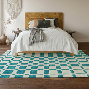 HomeRoots 5' X 8' Teal And Ivory Geometric Area Rug - Washable, UV Protected, Stylish Solution for Homes 669320