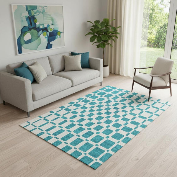 HomeRoots 5' X 8' Teal And Ivory Geometric Area Rug - Washable, UV Protected, Stylish Solution for Homes 669320