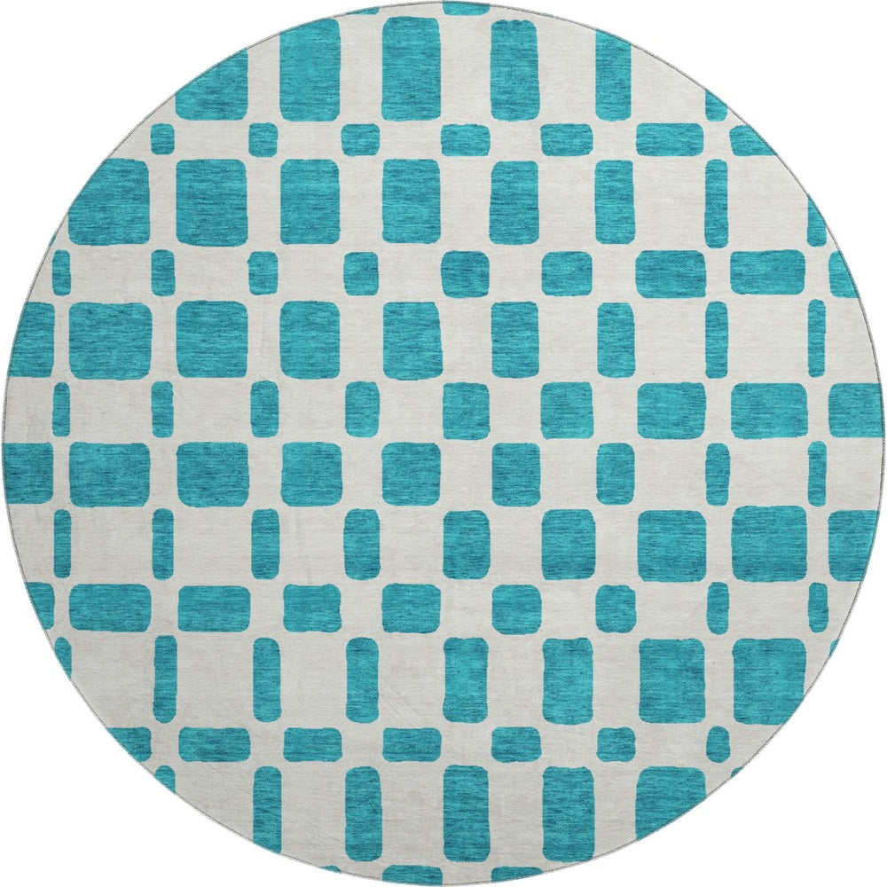 HomeRoots 8' Teal And Ivory Geometric Round Rug - Washable, UV-Protected, Ideal for High-Traffic Homes! 669321