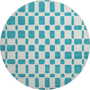 HomeRoots 8' Teal And Ivory Geometric Round Rug - Washable, UV-Protected, Ideal for High-Traffic Homes! 669321