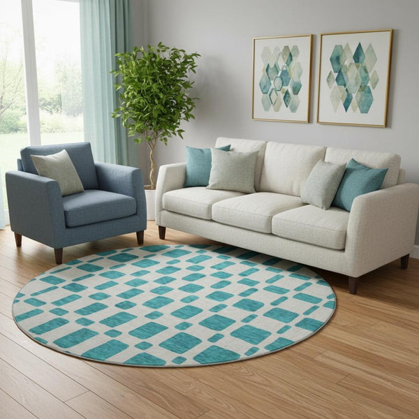 HomeRoots 8' Teal And Ivory Geometric Round Rug - Washable, UV-Protected, Ideal for High-Traffic Homes! 669321