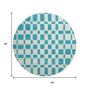 HomeRoots 8' Teal And Ivory Geometric Round Rug - Washable, UV-Protected, Ideal for High-Traffic Homes! 669321