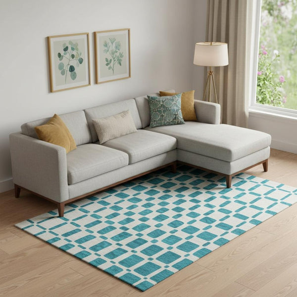 HomeRoots 8' X 10' Stylish Teal & Ivory Geometric Area Rug - Washable, UV Protected, Pet-Friendly Design! 669322