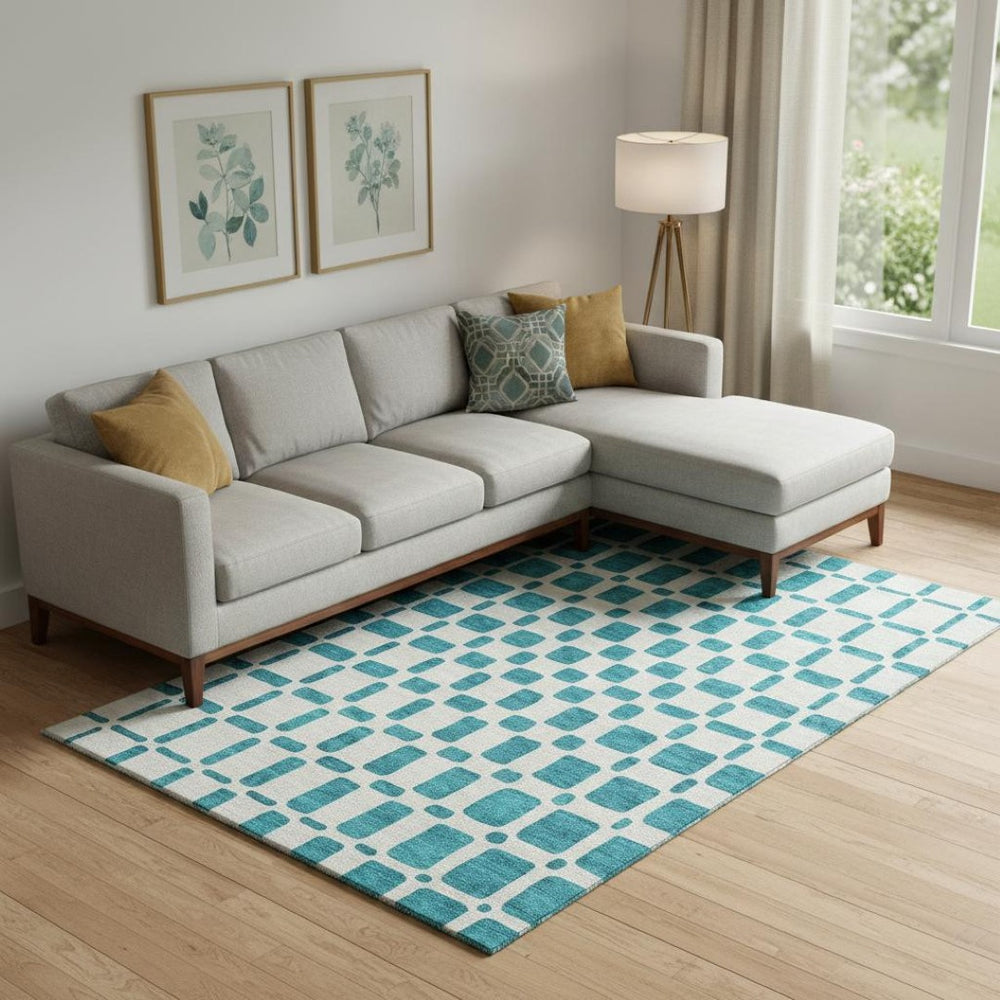 HomeRoots 9' X 12' Teal And Ivory Geometric Area Rug – Durable, Washable, UV-Protected for Modern Living Spaces 669323