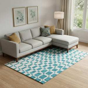 HomeRoots 9' X 12' Teal And Ivory Geometric Area Rug – Durable, Washable, UV-Protected for Modern Living Spaces 669323