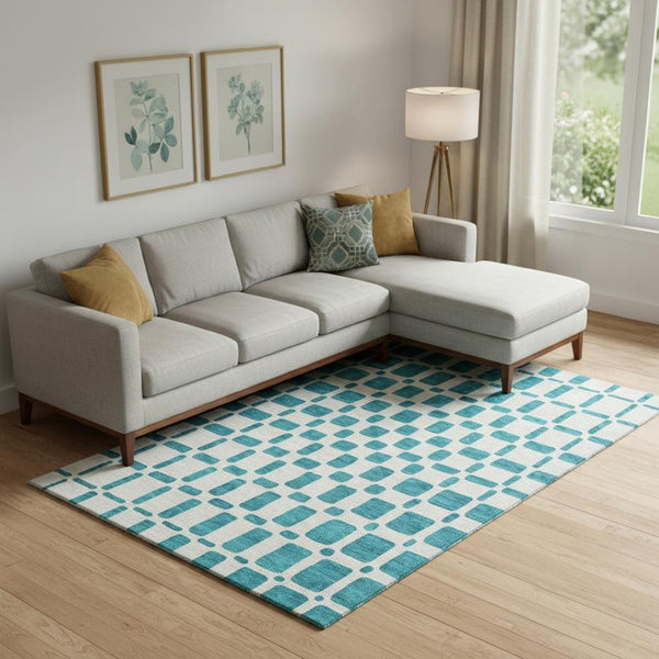 HomeRoots 9' X 12' Teal And Ivory Geometric Area Rug – Durable, Washable, UV-Protected for Modern Living Spaces 669323