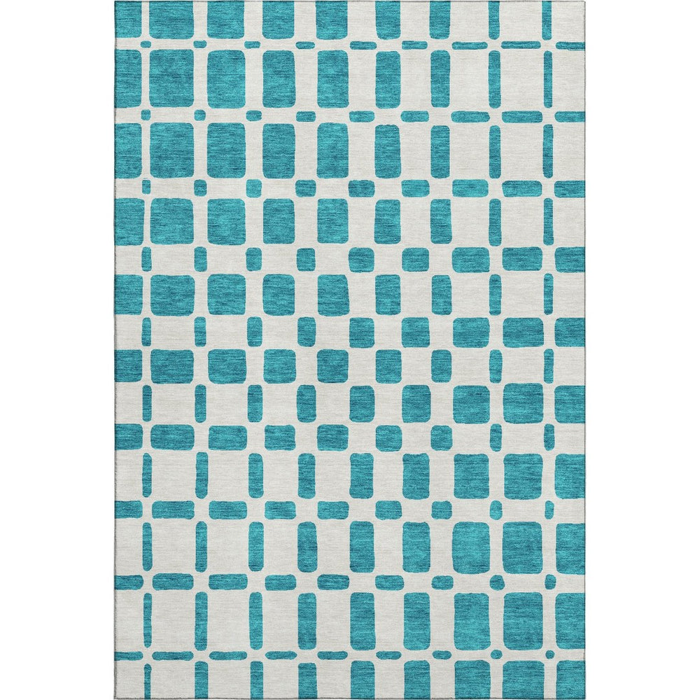 HomeRoots 9' X 12' Teal And Ivory Geometric Area Rug – Durable, Washable, UV-Protected for Modern Living Spaces 669323