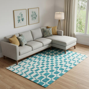 HomeRoots 10' X 14' Stylish Teal & Ivory Geometric Washable Area Rug with UV Protection for Busy Homes 669324
