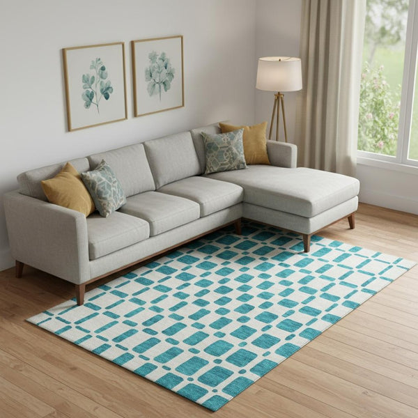 HomeRoots 10' X 14' Stylish Teal & Ivory Geometric Washable Area Rug with UV Protection for Busy Homes 669324