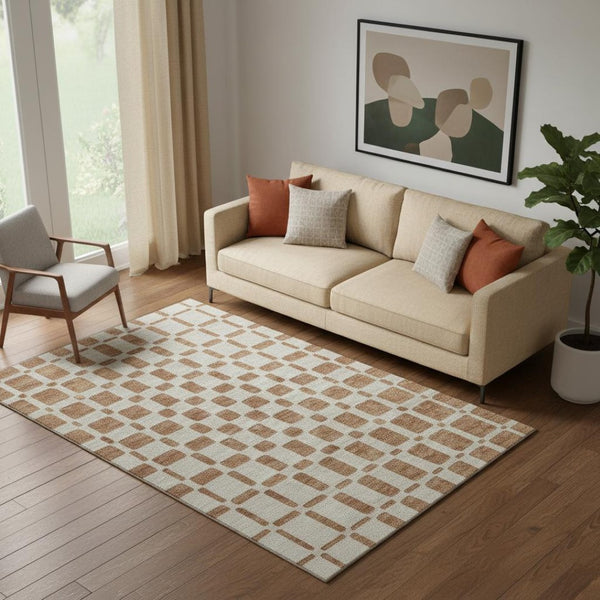 HomeRoots 5' X 8' Terra Cotta & Beige Geometric Area Rug - Washable, UV Protected, Stylish & Durable Choice! 669326