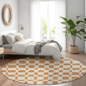 HomeRoots 8' Washable Terra Cotta & Beige Geometric Round Rug with UV Protection for Modern Homes & Patios 669327