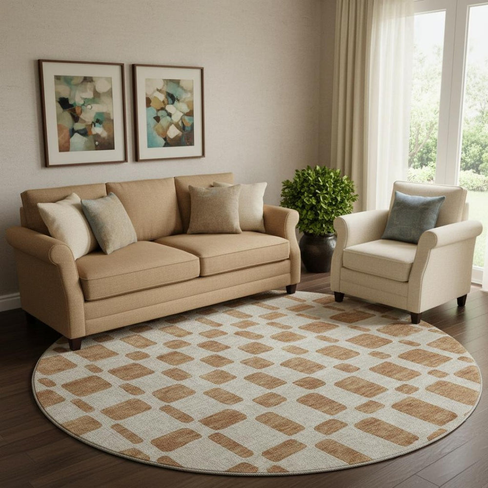 HomeRoots 8' Washable Terra Cotta & Beige Geometric Round Rug with UV Protection for Modern Homes & Patios 669327