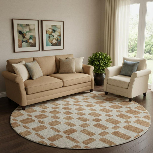 HomeRoots 8' Washable Terra Cotta & Beige Geometric Round Rug with UV Protection for Modern Homes & Patios 669327