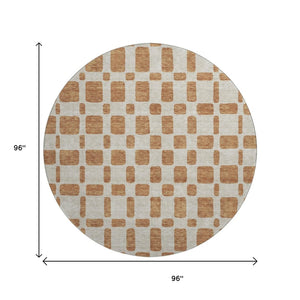 HomeRoots 8' Washable Terra Cotta & Beige Geometric Round Rug with UV Protection for Modern Homes & Patios 669327