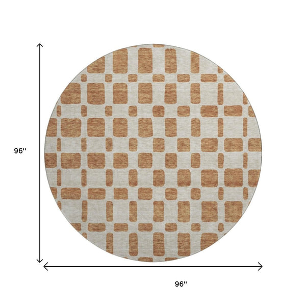 HomeRoots 8' Washable Terra Cotta & Beige Geometric Round Rug with UV Protection for Modern Homes & Patios 669327