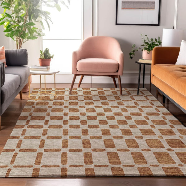 HomeRoots 10' Washable Terra Cotta & Beige Geometric Area Rug with UV Protection for Modern Living Spaces 669330