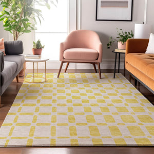 HomeRoots 5' X 8' Washable Yellow & Beige Geometric Area Rug with UV Protection for High-Traffic Spaces 669332