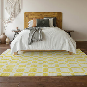HomeRoots 5' X 8' Washable Yellow & Beige Geometric Area Rug with UV Protection for High-Traffic Spaces 669332
