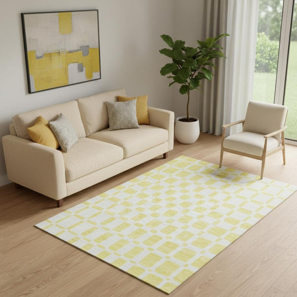 HomeRoots 5' X 8' Washable Yellow & Beige Geometric Area Rug with UV Protection for High-Traffic Spaces 669332