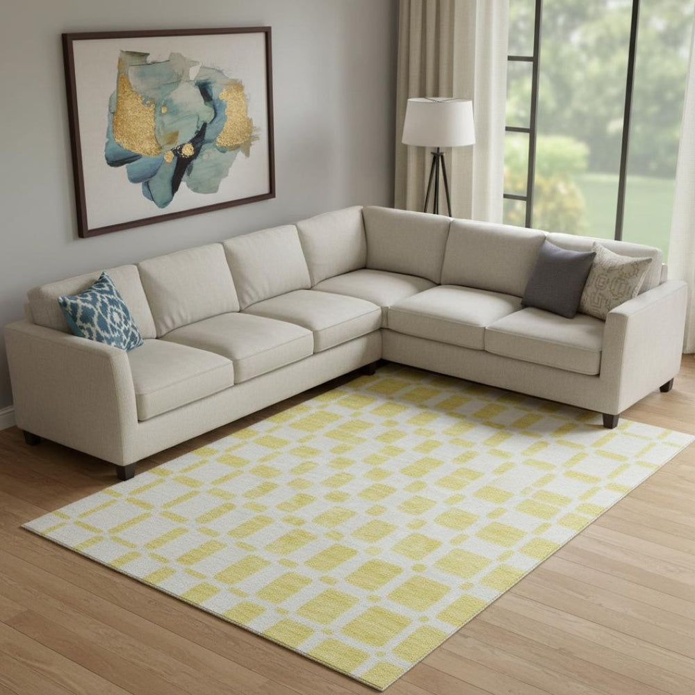 HomeRoots 8' x 10' Washable Yellow & Beige Geometric Area Rug with UV Protection for High-Traffic Spaces 669334