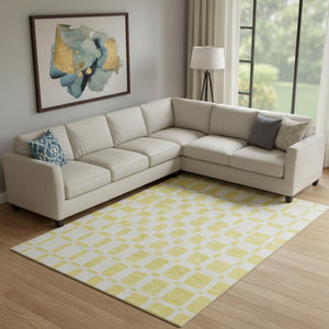 HomeRoots 8' x 10' Washable Yellow & Beige Geometric Area Rug with UV Protection for High-Traffic Spaces 669334