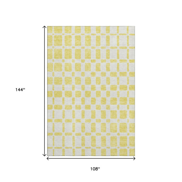 HomeRoots 9' X 12' Vibrant Yellow & Beige Geometric Area Rug - Washable, UV-Protected, Perfect for Families! 669335