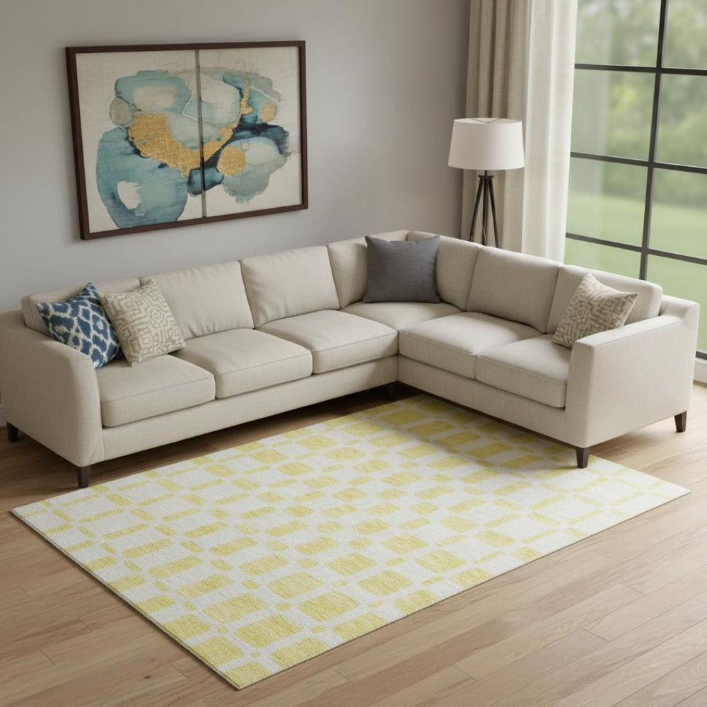HomeRoots 9' X 12' Vibrant Yellow & Beige Geometric Area Rug - Washable, UV-Protected, Perfect for Families! 669335