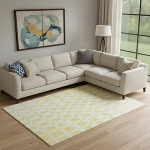 HomeRoots 9' X 12' Vibrant Yellow & Beige Geometric Area Rug - Washable, UV-Protected, Perfect for Families! 669335