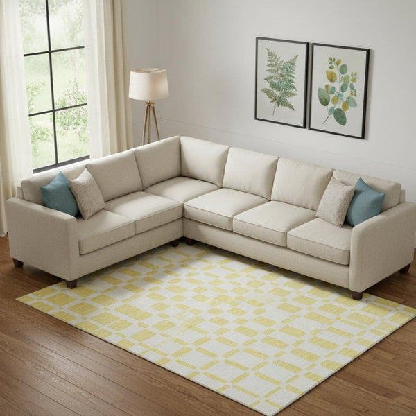 HomeRoots 10' X 14' Geometric Area Rug in Yellow & Beige - Washable, UV-Protected, Durable & Stylish Design 669336
