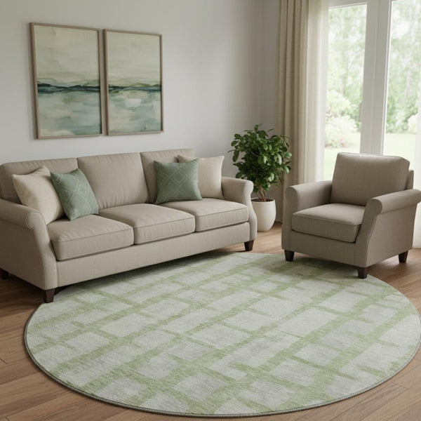 HomeRoots 8' Artichoke Green & Beige Striped Washable Round Rug - UV Protected, Durable, Pet-Friendly Design 669339