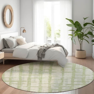HomeRoots 8' Artichoke Green & Beige Striped Washable Round Rug - UV Protected, Durable, Pet-Friendly Design 669339