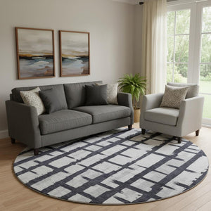 HomeRoots 8' Black and Silver Striped Washable Round Rug - UV-Protected, Stain-Resistant, Perfect for Any Room! 669345