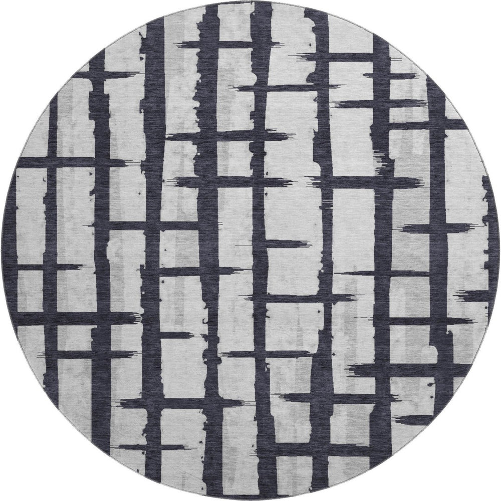 HomeRoots 8' Black and Silver Striped Washable Round Rug - UV-Protected, Stain-Resistant, Perfect for Any Room! 669345