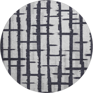 HomeRoots 8' Black and Silver Striped Washable Round Rug - UV-Protected, Stain-Resistant, Perfect for Any Room! 669345