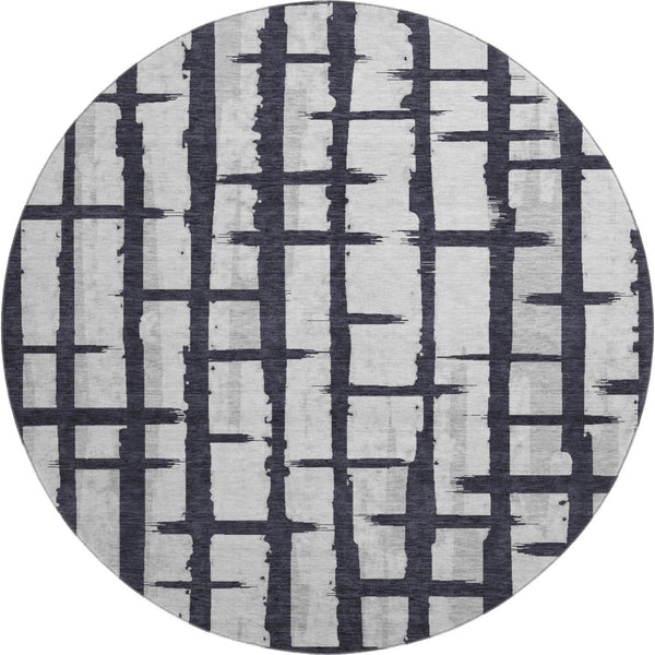 HomeRoots 8' Black and Silver Striped Washable Round Rug - UV-Protected, Stain-Resistant, Perfect for Any Room! 669345