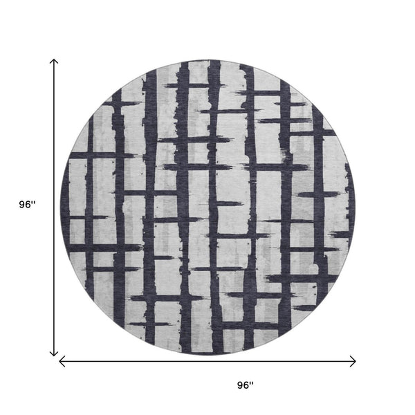 HomeRoots 8' Black and Silver Striped Washable Round Rug - UV-Protected, Stain-Resistant, Perfect for Any Room! 669345