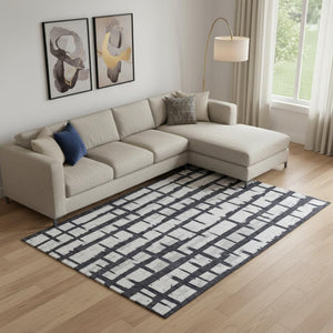 HomeRoots 8' X 10' Stylish Black and Silver Striped Washable Area Rug with UV Protection for Modern Homes 669346