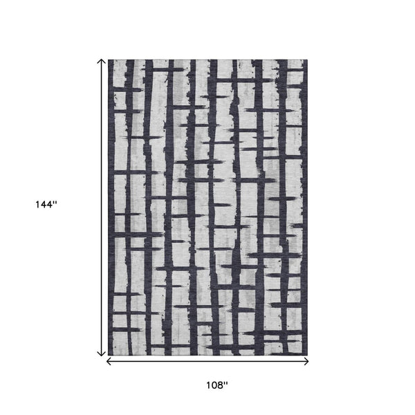 HomeRoots 9' X 12' Washable Black & Silver Striped Area Rug with UV Protection – Stylish, Durable, Easy Care! 669347