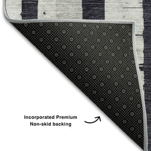 HomeRoots 9' X 12' Washable Black & Silver Striped Area Rug with UV Protection – Stylish, Durable, Easy Care! 669347