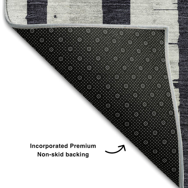 HomeRoots 9' X 12' Washable Black & Silver Striped Area Rug with UV Protection – Stylish, Durable, Easy Care! 669347