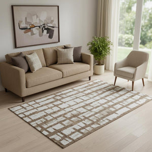 HomeRoots 5' X 8' Chocolate and Beige Striped Washable Area Rug - Durable, Stylish, UV Protected for Families 669350