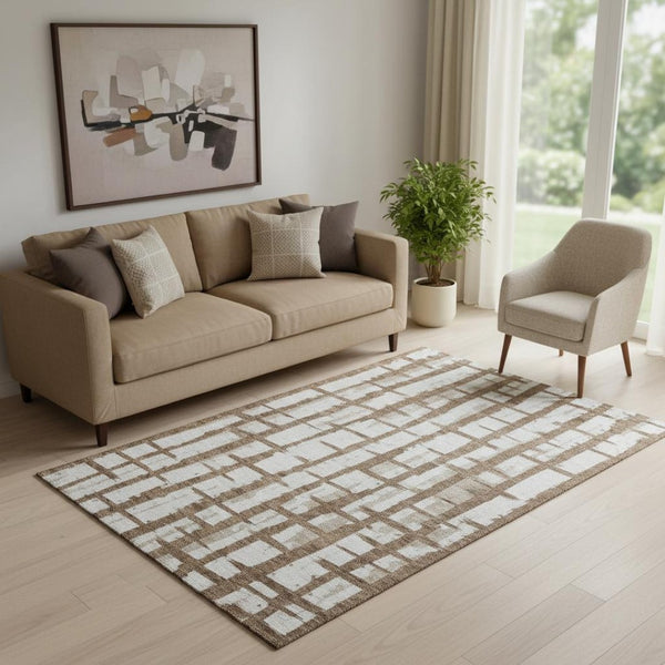 HomeRoots 5' X 8' Chocolate and Beige Striped Washable Area Rug - Durable, Stylish, UV Protected for Families 669350