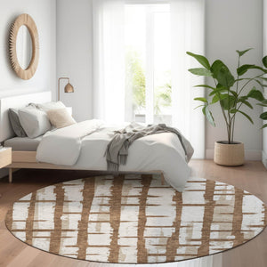 HomeRoots 8' Chocolate Striped Round Rug - Washable, UV-Protected, Stain-Resistant for Cozy Living Spaces 669351
