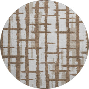 HomeRoots 8' Chocolate Striped Round Rug - Washable, UV-Protected, Stain-Resistant for Cozy Living Spaces 669351