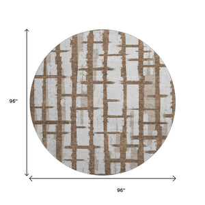 HomeRoots 8' Chocolate Striped Round Rug - Washable, UV-Protected, Stain-Resistant for Cozy Living Spaces 669351