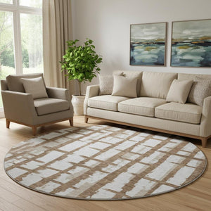 HomeRoots 8' Chocolate Striped Round Rug - Washable, UV-Protected, Stain-Resistant for Cozy Living Spaces 669351