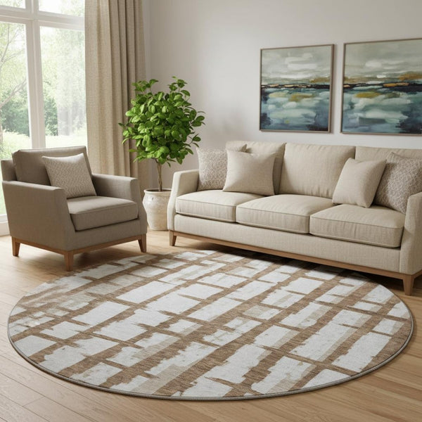 HomeRoots 8' Chocolate Striped Round Rug - Washable, UV-Protected, Stain-Resistant for Cozy Living Spaces 669351