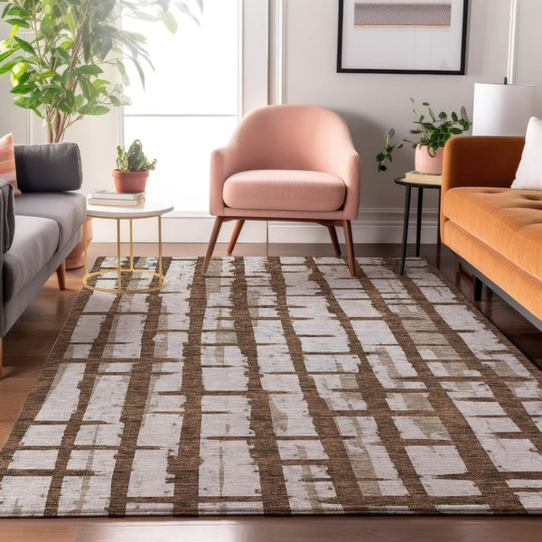 HomeRoots 10' Chocolate Beige Striped Washable Area Rug - UV Protected, Stain Resistant, Durable for Family Life 669354